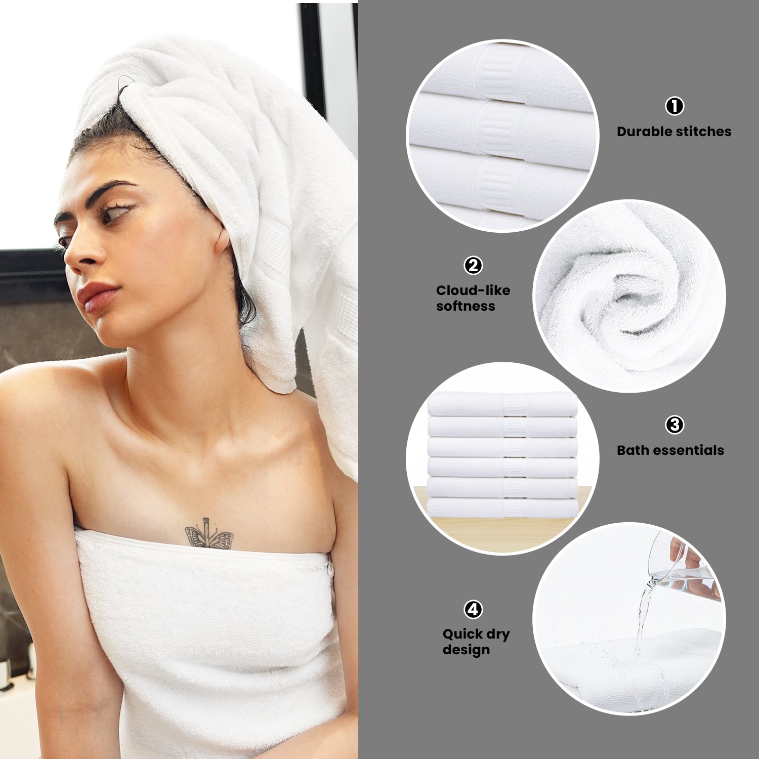 CottonsClout White Medium Bath Towels 24x48 – Pack of 6 | Soft, Thick, Quick-Dry & Highly Absorbent Carded Ring Spun Cotton Towels for Bathroom, Shower, Home & Hotel Use