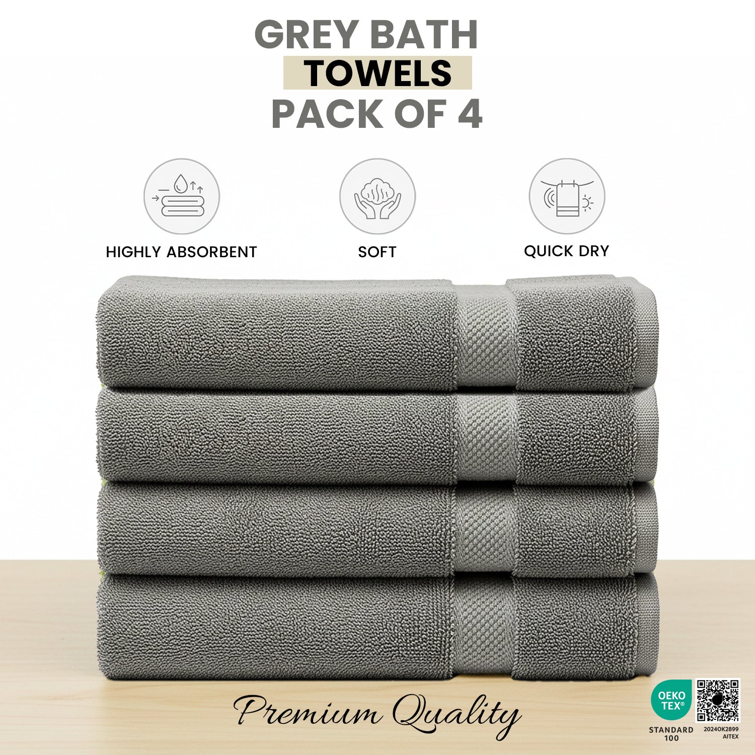 Grey Bath Towels 30Wx60L– Pack of 4, Lightweight & Quick-Dry | Highly Absorbent 100% Combed Yarn Cotton Towels for Bathroom, Spa, Home & Hotel Use