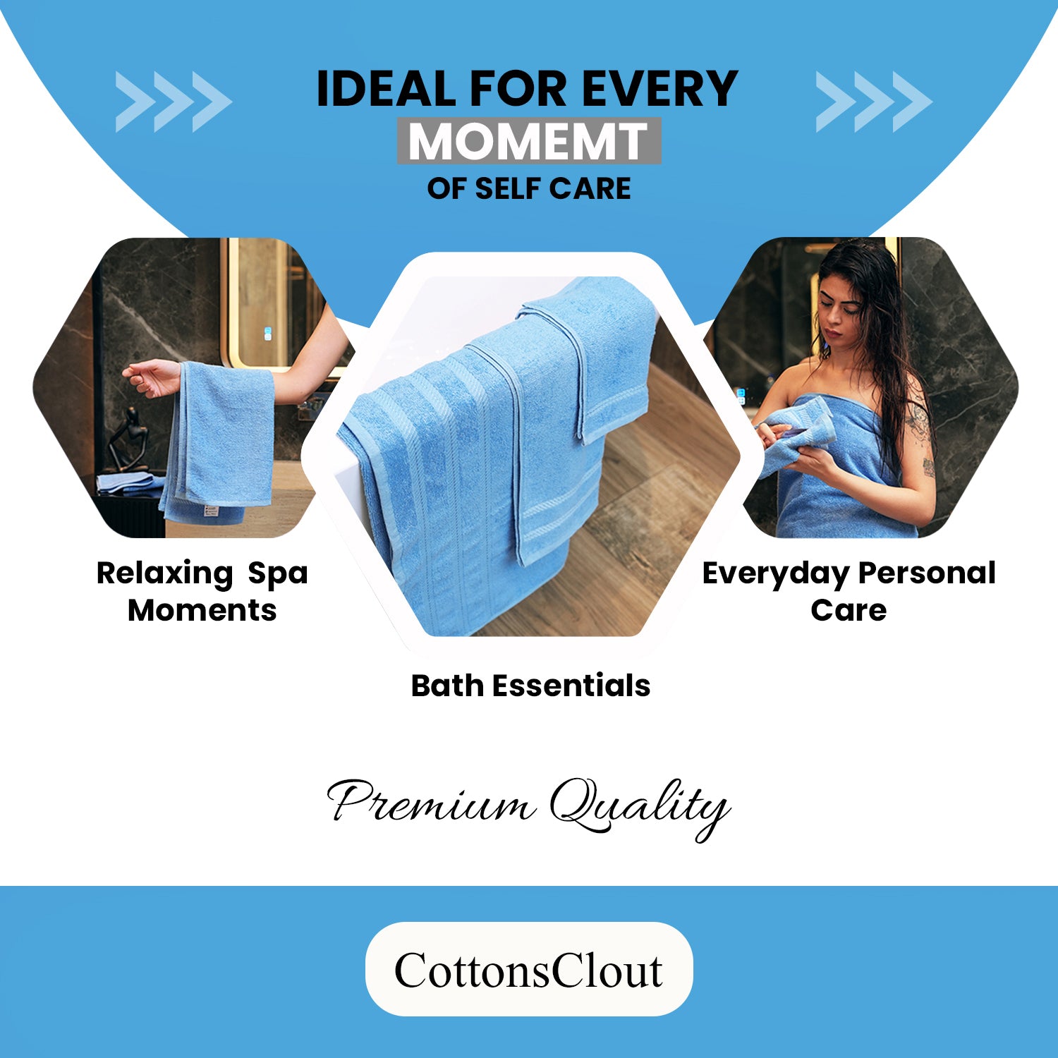 CottonsClout Sky Blue Towel Set, Pack of 6 – 100% Ringspun Cotton, Soft, Quick-Dry & Highly Absorbent | 2 Bath Towels, 2 Hand Towels & 2 Face Towels for Bathroom & Guest Use