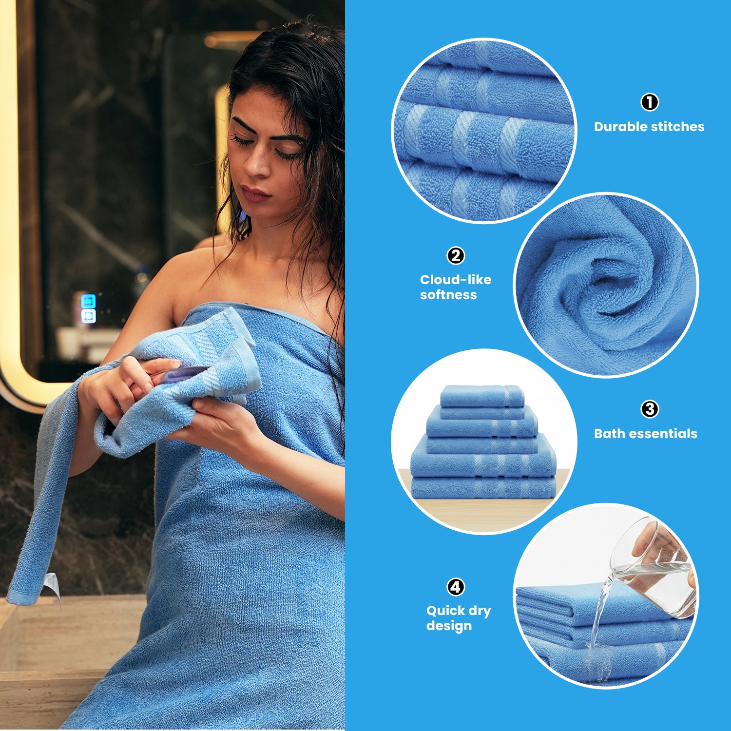 CottonsClout Sky Blue Towel Set, Pack of 6 – 100% Ringspun Cotton, Soft, Quick-Dry & Highly Absorbent | 2 Bath Towels, 2 Hand Towels & 2 Face Towels for Bathroom & Guest Use