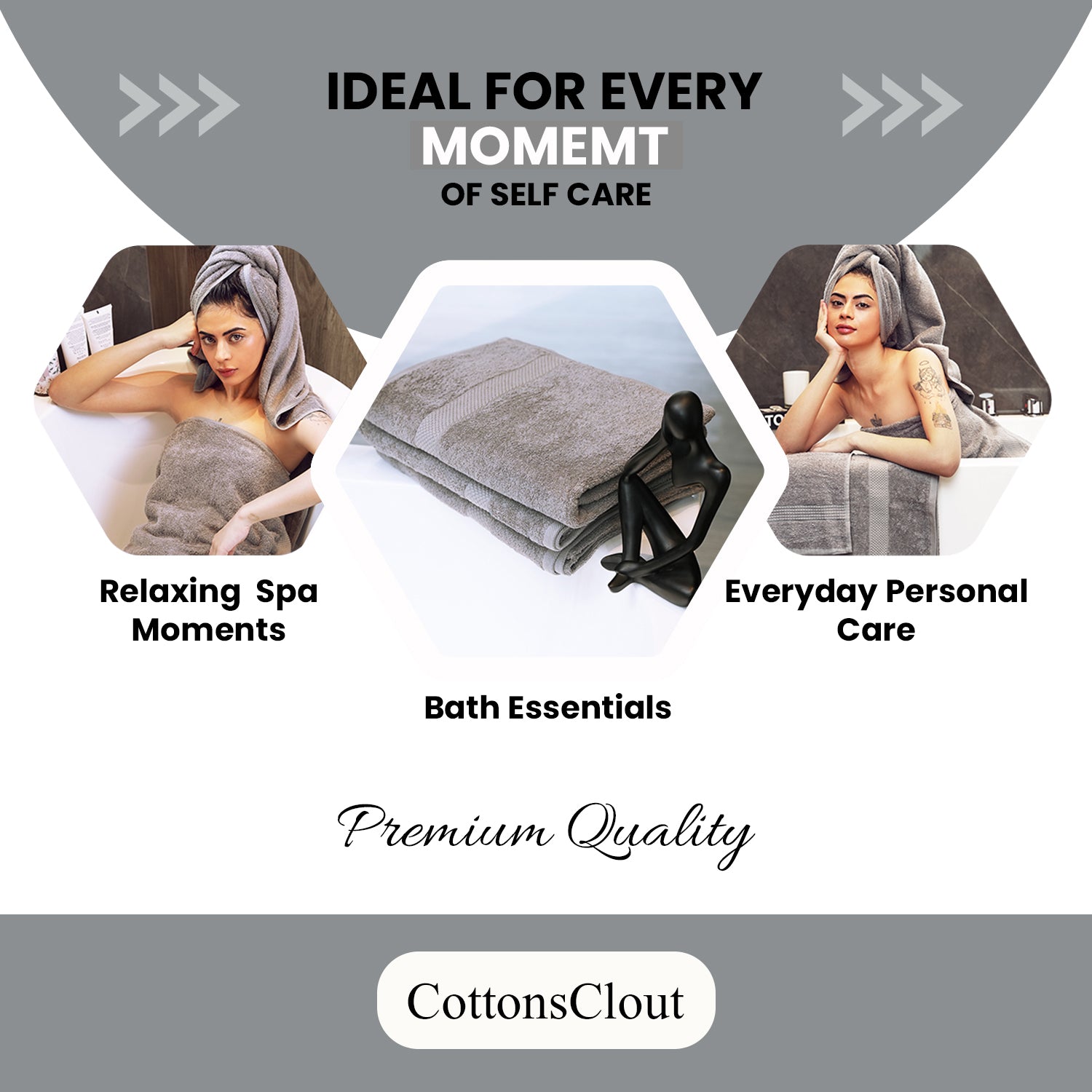 Grey Bath Towels 30Wx60L– Pack of 4, Lightweight & Quick-Dry | Highly Absorbent 100% Combed Yarn Cotton Towels for Bathroom, Spa, Home & Hotel Use