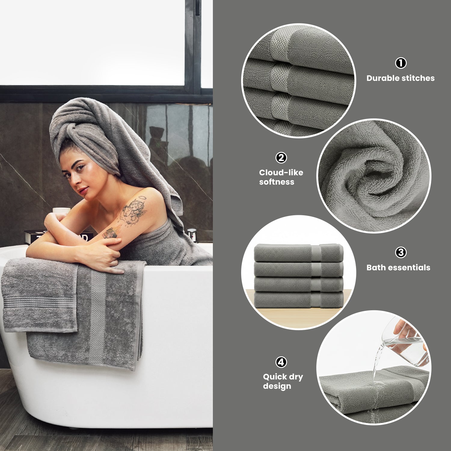 Grey Bath Towels 30Wx60L– Pack of 4, Lightweight & Quick-Dry | Highly Absorbent 100% Combed Yarn Cotton Towels for Bathroom, Spa, Home & Hotel Use