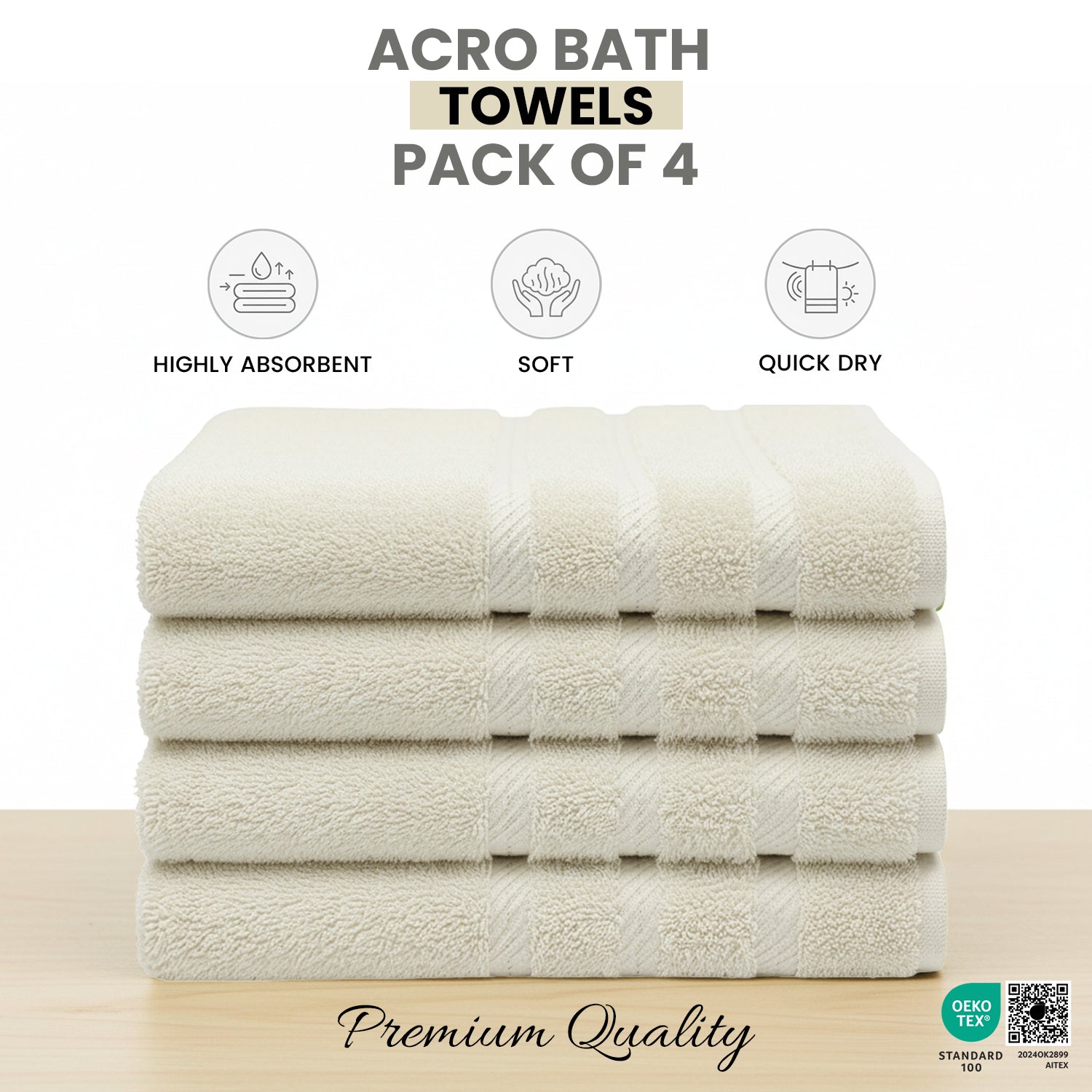 Ecru (Off-White) Bath Towels 27x54 – Pack of 4 | Soft, Quick-Dry | Highly Absorbent 100% Ring Spun Cotton Towels for Bathroom, Spa, Home & Hotel Use