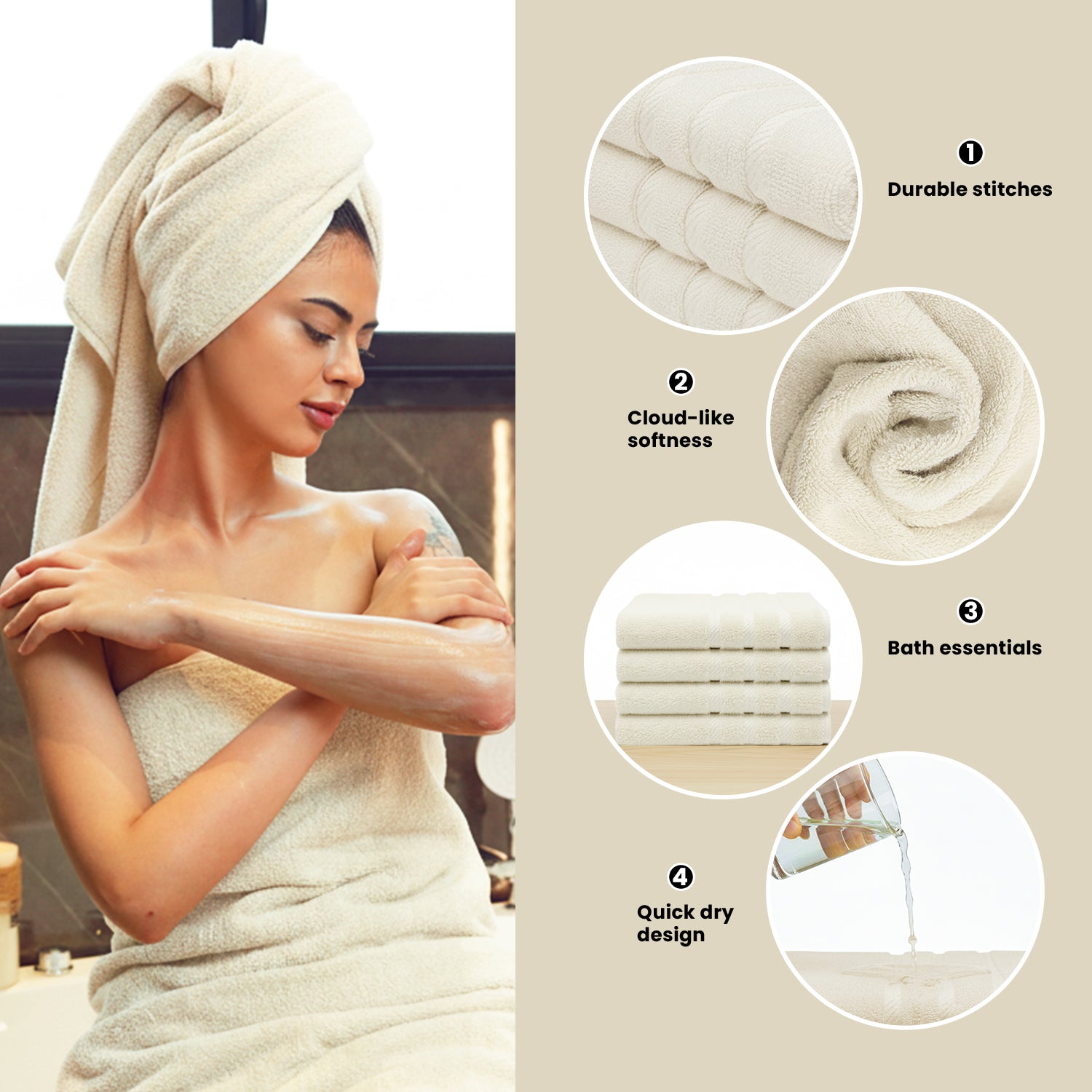 Ecru (Off-White) Bath Towels 27x54 – Pack of 4 | Soft, Quick-Dry | Highly Absorbent 100% Ring Spun Cotton Towels for Bathroom, Spa, Home & Hotel Use