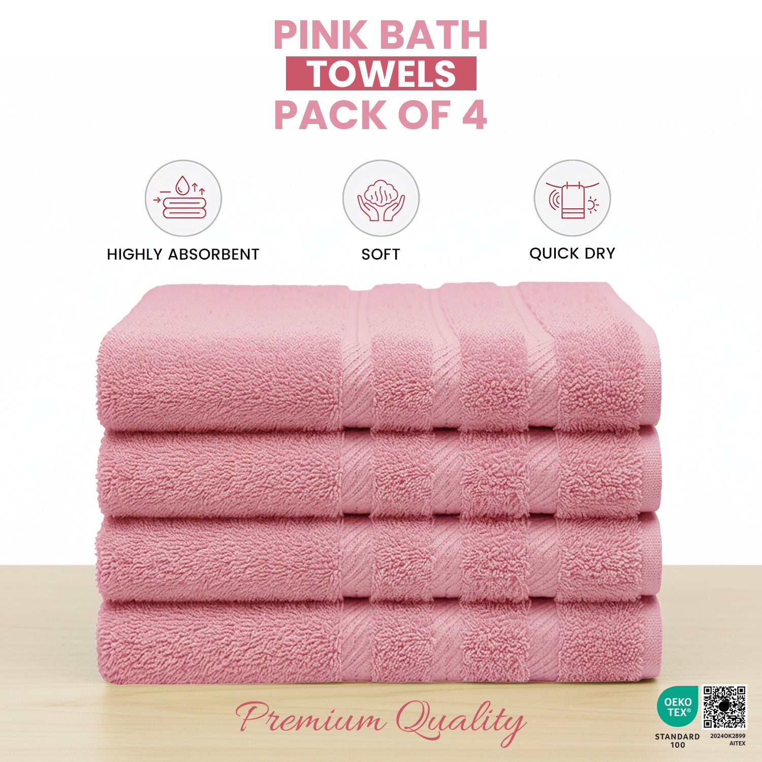 Pink Bath Towels 27x54 – Pack of 4 | Soft, Quick-Dry and Highly Absorbent | 100% Ring Spun Cotton Towels for Bathroom, Spa, Home & Hotel Use