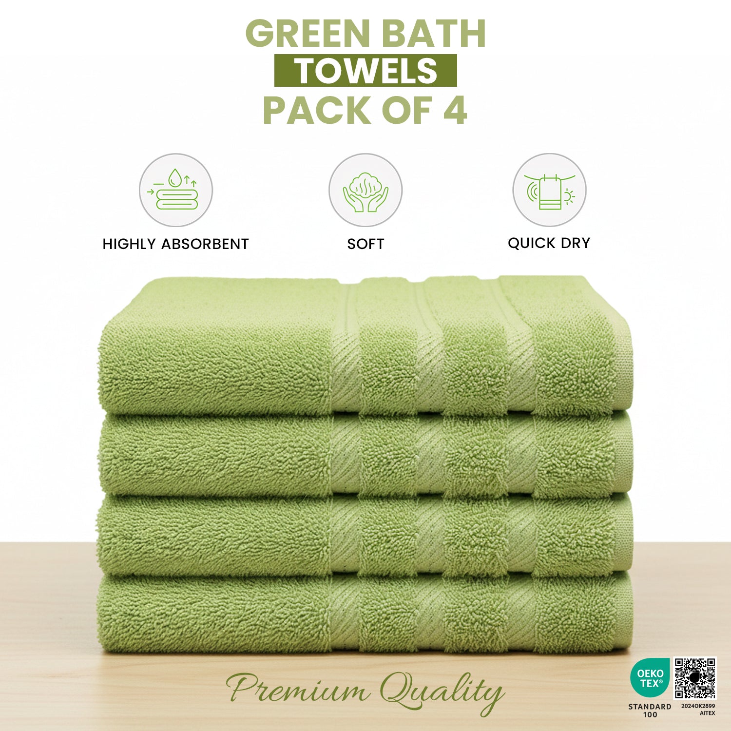 Green Bath Towels 27x54 – Pack of 4 | Soft, & Quick-Dry | Highly Absorbent 100% Ring Spun Cotton Towels for Bathroom, Spa, Home & Hotel Use