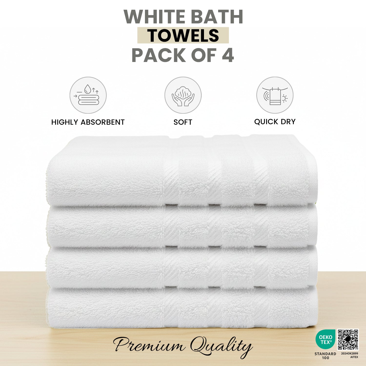 White Bath Towels 27x54 – Pack of 4 | Soft, Quick-Dry & Highly Absorbent | 100% Ring Spun Cotton Towels for Bathroom, Shower, Spa, Home