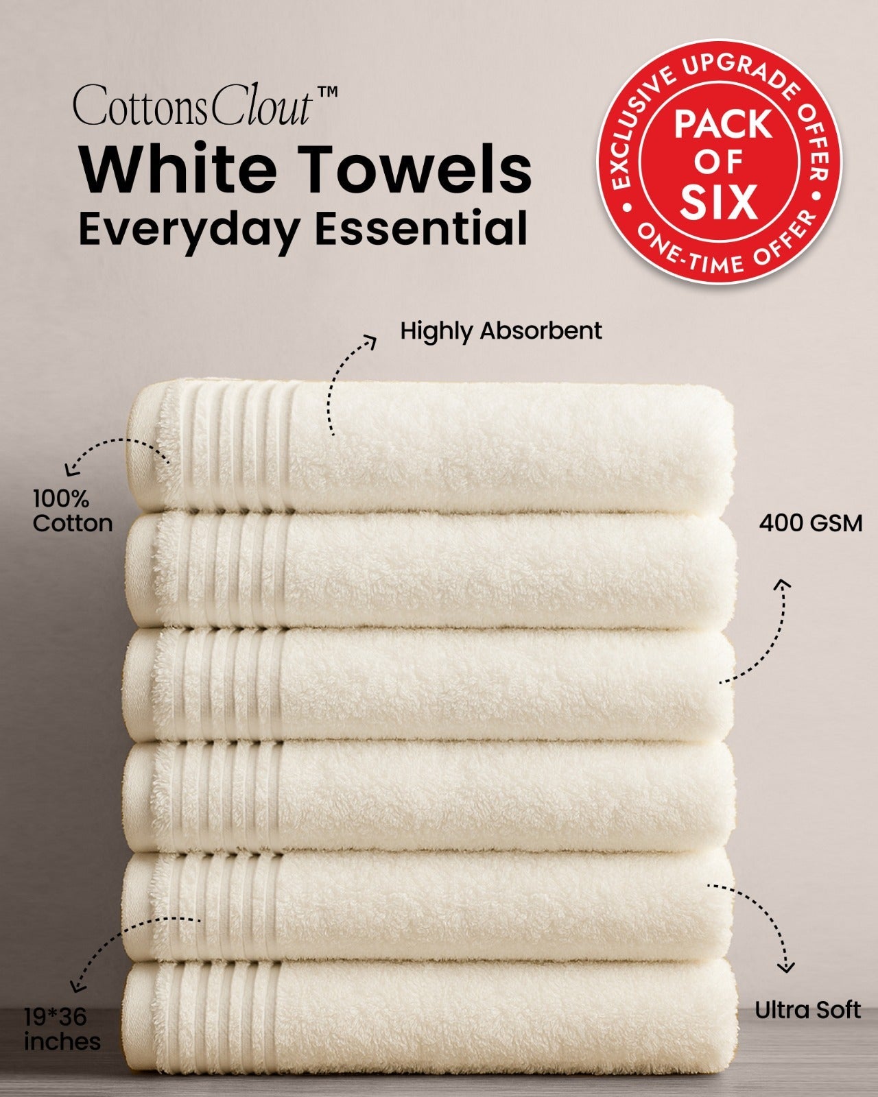 Cottons Clout™ Everyday Essential White Towel Pack of 6 - CottonsClout